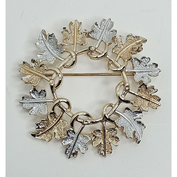Sarah Coventry Jewelry - Vintage Sarah Coventry Garland Wreath Pin Silver Gold Tone Maple Leaf Brooch